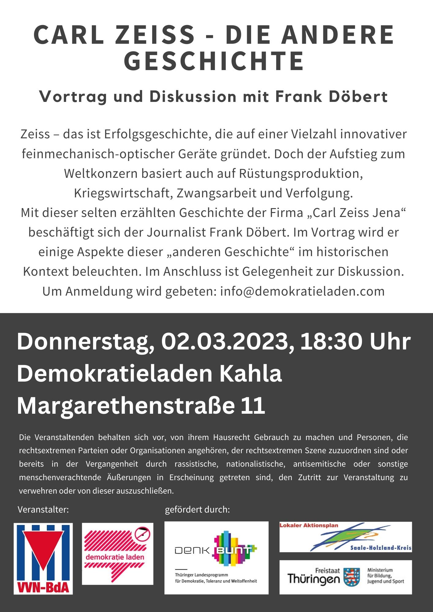 Vortrag und Diskussion: Carl Zeiss Jena - die andere Geschichte.  Journalist Frank Döbert über Geschichte und Gegenwart der Zeisswerke